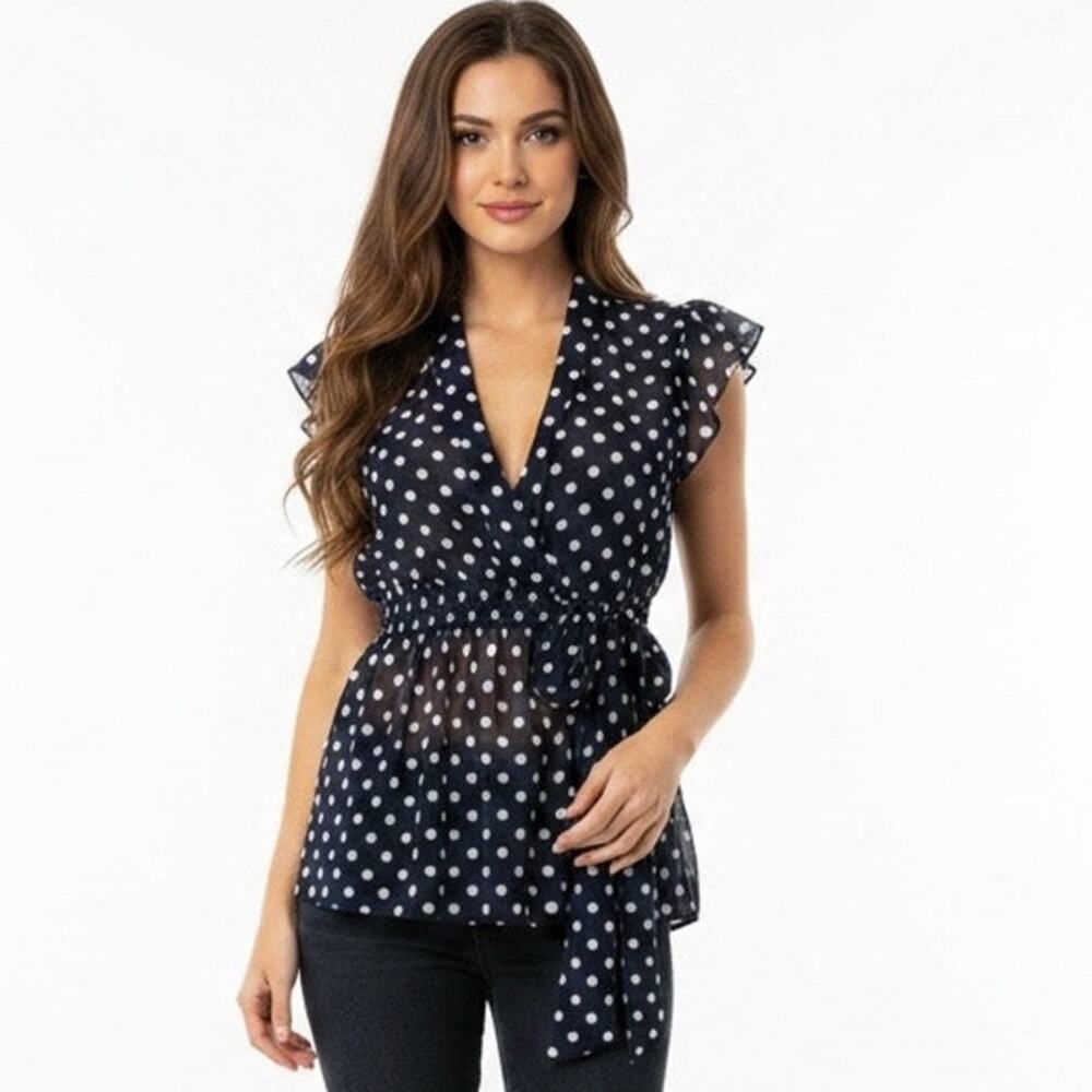 Polka Dot Sheer Navy Blue Tie Front Babydoll V Neck Top Y2K Medium Office Work